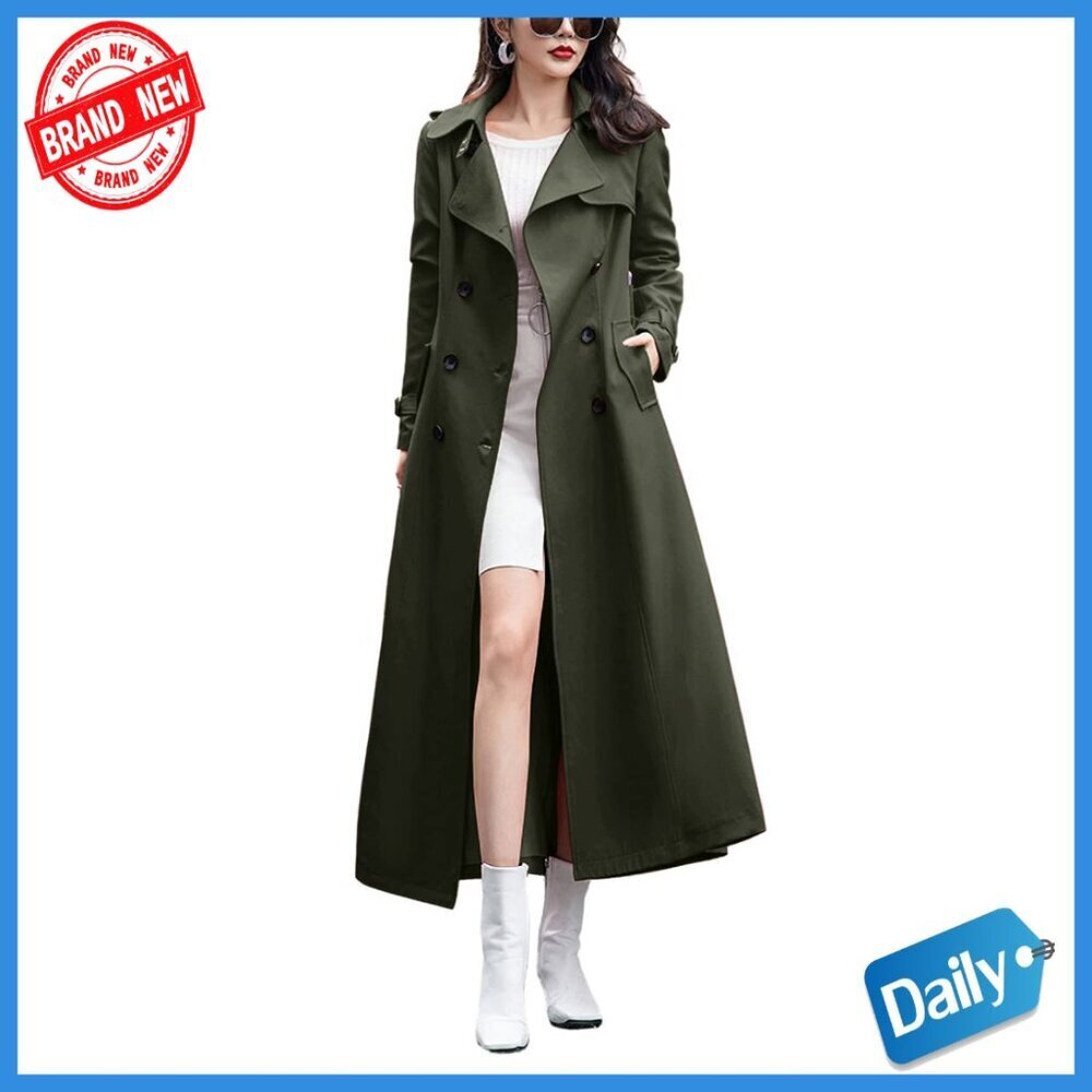 Slim Fit Long Trench Coat Double Breasted Office Wear Windproof Polyester Blend